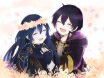  1boy 1girl 504723f :d black_coat blue_gloves blue_hair blush child closed_eyes coat facing_viewer fingerless_gloves fire_emblem fire_emblem_awakening floating_hair gloves highres hood hood_down hooded_coat long_hair lucina_(fire_emblem) morgan_(fire_emblem) mother_and_son open_mouth purple_hair shiny shiny_hair smile very_long_hair 