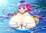  1girl akira_kaite bangs bare_shoulders bikini blush breasts claws cleavage collarbone fate/grand_order fate_(series) gigantic_breasts hair_ornament hair_ribbon highres huge_breasts innertube long_hair open_mouth outdoors partially_submerged passionlip pink_eyes purple_hair ribbon smile solo swimsuit upper_body very_long_hair water wet white_bikini 