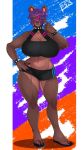  anthro bokcutter bottomwear bracelet claws clothing collar curvaceous curvy_figure facial_piercing female footwear hair hi_res jewelry mammal muscular nose_piercing nose_ring painted_background piercing purple_eyes purple_hair sandals shorts solo thick_thighs topwear ursid voluptuous wide_hips 