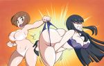  2girls absurdres ass bangs black_footwear black_hair blue_bra blue_panties bra breasts brown_eyes brown_hair clenched_teeth closed_eyes curvy embarrassed eyebrows grimphantom high_heels highres kill_la_kill kiryuuin_satsuki large_breasts lingerie long_hair mankanshoku_mako multiple_girls navel open_mouth orange_background panties panty_pull shiny shiny_skin shoes sidelocks sweat sweatdrop teeth thick_eyebrows thick_thighs thighs underwear wedgie white_bra white_panties wide_hips yuri 