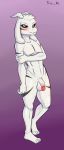  anthro asriel_dreemurr asriel_dreemurr_(god_form) balls black_sclera blush boss_monster bovid caprine flaccid flaccid_cock fur genitals girly goat hi_res horn looking_at_viewer male mammal markings nude penis simple_background smile solo standing thick_thighs trex_b6 undertale video_games white_body white_fur wide_hips 