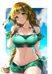  1girl blonde_hair breasts brown_gloves cleavage closed_mouth fingerless_gloves fire_emblem fire_emblem:_three_houses fire_emblem_heroes flower gloves green_eyes hair_flower hair_ornament highres ingrid_brandl_galatea long_hair midriff nekolook smile solo swimsuit 