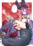  1girl :p absurdres alatreon bare_legs breasts dragon dragon_girl hair_between_eyes highres horns long_hair miao_yao_cha monster_hunter monster_hunter:_world panties pointy_ears sitting_on_own_tail solo spikes tail tongue tongue_out underwear wings 