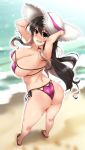  1girl absurdres alternate_costume armpits arms_behind_back arms_behind_head arms_up ass bangs bare_shoulders beach bikini black_hair blush breasts cleavage commentary_request curvy day eyebrows_visible_through_hair from_behind full_body grin hands_on_headwear hat highres huge_breasts kantai_collection long_hair looking_at_viewer looking_back multicolored_hair naganami_(kantai_collection) outdoors pink_bikini pink_hair purple_bikini ribbon sandals side-tie_bikini sideboob skindentation slippers smile solo standing straw_hat string_bikini sun_hat swimsuit thighs two-tone_hair water wavy_hair white_headwear yellow_eyes yoshi_tama 