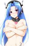  5pb_(neptune_series) bangs blue_hair blush breasts collar commentary_request covering covering_breasts doria_(p_f_dolia) eyebrows_visible_through_hair hair_intakes headphones highres long_hair looking_at_viewer medium_breasts navel neptune_(series) nude parted_bangs purple_eyes simple_background tattoo treble_clef wavy_mouth white_background 