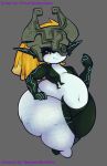 2019 belly big_belly black_body blush breasts female grey_background hair headgear hi_res humanoid humanoid_pointy_ears imp markings midna nintendo orange_hair overweight overweight_female red_eyes simple_background solo the_legend_of_zelda thick_thighs twili twilight_princess unknown_artist video_games white_belly yellow_sclera 