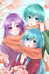  1girl 2boys 504723f :d ahoge bangs blue_eyes blue_hair blurry_foreground blush coat eirika_(fire_emblem) ephraim_(fire_emblem) eyebrows_visible_through_hair fire_emblem fire_emblem:_the_sacred_stones flower green_sweater hair_between_eyes hair_intakes highres long_hair long_sleeves looking_at_viewer lyon_(fire_emblem) multiple_boys open_mouth orange_scarf pink_flower purple_eyes purple_hair purple_sweater red_coat scarf shiny shiny_hair smile striped striped_scarf sweater very_long_hair 