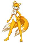  absurd_res anthro blue_eyes blush breasts canid canine cheek_tuft chest_tuft cowlick crossgender exposed_breasts facial_tuft female fox fur genitals hair hand_on_hip hi_res kiler_artist mammal miles_prower multi_tail multicolored_body multicolored_fur nipples nude orange_body orange_fur pussy simple_background solo sonic_the_hedgehog_(series) standing tuft white_background white_body white_fur 