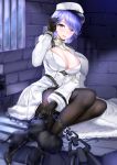  1girl absurdres arm_up azur_lane black_gloves blue_eyes blue_hair blush boots breasts chain chapayev_(azur_lane) coat_dress eyebrows_visible_through_hair gloves hair_ornament hairclip hat high_heel_boots high_heels highres holding_chain jacket large_breasts looking_at_viewer military_hat mole mole_on_breast open_mouth pantyhose peaked_cap prison short_hair sitting smile solo sorayo_noriyuki white_headwear white_jacket window 