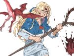  1girl blonde_hair blood blood_on_face blood_splatter bloody_nose bloody_weapon crying crying_with_eyes_open dragon dungeon_meshi elf farawaygalaxy1 green_eyes grin holding holding_weapon long_hair marcille pointy_ears simple_background smile staff tears weapon white_background 