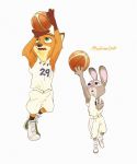  action_pose anthro arm_tuft ball basketball basketball_(ball) basketball_uniform blush canid canine clothed clothing disney duo elbow_tufts footwear fox fully_clothed fur gloves_(marking) green_eyes grey_body grey_fur hi_res holding_object judy_hopps jumping lagomorph leporid mammal markings multicolored_body multicolored_fur nick_wilde nklove3104 open_mouth orange_body orange_fur pose purple_eyes rabbit red_fox shoes simple_background sneakers sportswear tuft two_tone_body two_tone_fur uniform white_background zootopia 