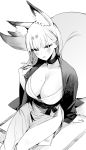  1girl animal_ear_fluff animal_ears blush breasts choker cleavage collarbone fox_ears fox_girl fox_tail greyscale highres large_breasts long_hair looking_at_viewer mole mole_on_breast monochrome no_panties original parted_lips reido1177 robe simple_background sitting solo tail white_background 