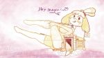  16:9 animal_crossing anthro artistafrustrado canid canine canis domestic_dog female gentle_giant greeting isabelle_(animal_crossing) licking licking_lips macro mammal nintendo pose shih_tzu tongue tongue_out town_hall toy_dog video_games widescreen 
