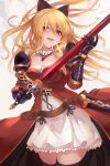  1girl absurdres armor bangs blonde_hair bow breasts cleavage cowboy_shot crazy_smile detached_collar diieru dress eyebrows_visible_through_hair gauntlets granblue_fantasy hair_between_eyes hair_bow highres holding holding_sword holding_weapon long_hair looking_at_viewer medium_breasts open_mouth ponytail red_dress red_eyes sheath shoulder_armor standing sword vira_(granblue_fantasy) weapon white_background 