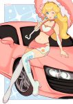  1girl alternate_costume artist_name audi audi_r8 blonde_hair blue_eyes breasts car character_name cleavage english_commentary ground_vehicle high_heels highres holding holding_umbrella jivke leaning_against_vehicle mario_(series) midriff motor_vehicle navel one_eye_closed over_shoulder pencil_skirt princess_peach race_queen skirt small_breasts thick_lips thighhighs umbrella 