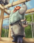  2019 4:5 anthro bottomwear brown_body brown_fur clothing detailed_background fur hi_res humanoid_hands kemono male mammal outside overweight overweight_male pants shirt solo_focus topwear ursid velcro74656 