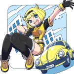  1girl blonde_hair blue_eyes boots breasts bumblebee bumblebee_(film) car eyebrows_visible_through_hair freckles genderswap genderswap_(mtf) gloves ground_vehicle highres medium_breasts midriff motor_vehicle open_hand open_mouth personification short_shorts shorts solo sunafuki_tabito thighhighs transformers volkswagen volkswagen_beetle 