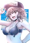  1girl bikini bow breasts brown_eyes brown_hair character_name cleavage clothes_writing cloud cloudy_sky hair_bow hat kuronon lifeguard looking_at_viewer open_mouth sky solo summer swimsuit touhou usami_renko whistle 