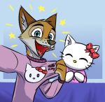  2020 anthro blue_background blue_eyes bow_ribbon canid canine canis cheek_tuft clothed clothing coyote domestic_cat duo eyes_closed facial_tuft fangs felid feline felis fur happy head_tuft hello_kitty_(character) hello_kitty_(series) hi_res inner_ear_fluff mammal moses_(samur_shalem) open_mouth open_smile sanrio simple_background smile sweater teeth theblueberrycarrots topwear tuft whiskers white_body white_fur 