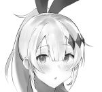  1girl bangs blush bunny_hair_ornament crescent crescent_earrings earrings eyebrows_visible_through_hair eyelashes face five-seven_(girls_frontline) girls_frontline greyscale hair_between_eyes hair_ornament high_ponytail highres jewelry long_hair looking_at_viewer monochrome parted_bangs ponytail portrait sidelocks simple_background solo tareme very_long_hair white_background zengi 