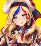  1girl :q bangs beret blonde_hair blue_eyes blue_hair breasts cleavage commandant_teste_(kantai_collection) eyebrows_visible_through_hair hair_ornament hairclip hat highres kantai_collection long_hair long_sleeves multicolored multicolored_clothes multicolored_hair multicolored_scarf red_hair scarf simple_background solo streaked_hair tongue tongue_out tsunonigau twitter_username upper_body white_hair yellow_background 