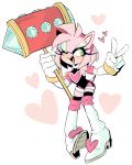  &lt;3 2020 alternate_costume amy_rose anthro boots bracelet clothing eulipotyphlan eyeshadow female footwear fur gesture gloves green_eyes green_eyeshadow handwear hedgehog hi_res holding_object holding_weapon jewelry makeup mammal one_eye_closed open_mouth open_smile piko_piko_hammer pink_body pink_fur rouge_the_bat simple_background smile solo sonic_the_hedgehog_(series) standing v_sign weapon white_background wink zgxfl 