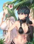  2girls bikini black_bikini blue_eyes blue_hair blue_sky breasts byleth_(fire_emblem) byleth_(fire_emblem)_(female) cleavage closed_mouth cloud day fire_emblem fire_emblem:_three_houses fire_emblem_heroes flower from_side green_eyes green_hair hair_flower hair_ornament haru_(nakajou-28) highres large_breasts long_hair looking_to_the_side multiple_girls outdoors parted_lips rhea_(fire_emblem) sky swimsuit upper_body water 