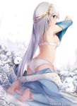  1girl anastasia_(fate/grand_order) ass bare_shoulders blue_eyes bra eyebrows_visible_through_hair fate/grand_order fate_(series) flower from_behind hairband long_hair looking_back mujinbi panties snow tree underwear undressing white_bra white_flower white_hair white_panties 