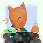  1:1 animal_crossing black_bottomwear black_clothing black_pants blue_background blush bottomwear canid canine clothed clothing comic comic_panel crazy_redd dialogue english_text eyes_closed fox fully_clothed fur green_clothing green_shirt green_topwear hand_to_mouth male mammal melanpsycholia nintendo open_shirt orange_body orange_fur pants shirt simple_background solo speech_bubble text topwear video_games white_background 