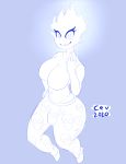  2020 alien alien_humanoid big_breasts blue_and_white breasts bulge cev clothed clothing fire genitals gynomorph hi_res humanoid intersex looking_at_viewer monochrome partially_clothed penis simple_background sketch smile solleane solo 