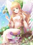  1girl blonde_hair blue_sky bug butterfly day dress feathered_wings fire_emblem fire_emblem:_path_of_radiance green_eyes highres if_oki insect leanne_(fire_emblem) long_hair long_sleeves open_mouth outdoors sitting sky solo white_wings wings 