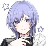  1boy 504723f androgynous bangs blue_eyes blue_hair eyebrows_visible_through_hair grin hair_between_eyes highres looking_at_viewer male_focus portrait shiny shiny_hair short_hair signature simple_background smile solo star_(symbol) white_background yuri_(fire_emblem) 