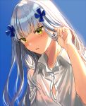  1girl blue_background blush collared_shirt dress_shirt facial_mark girls_frontline green_eyes hand_up hk416_(girls_frontline) long_hair looking_away nose_blush parted_lips shirt short_sleeves silence_girl silver_hair solo upper_body very_long_hair white_shirt 