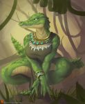  anthro belly_scales big_breasts blue_sclera bracelet breasts claws clothing countershade_face countershade_legs countershade_scales countershade_tail countershade_torso countershading crocodile crocodilian crocodylid crossed_arms crouching detailed_background dew_dragon dress eyelashes female front_view gold_(metal) gold_jewelry grass green_body green_scales hi_res jewelry jungle long_snout long_tail looking_away mature_female necklace non-mammal_breasts outside pupils reptile scales scalie slit_pupils snout solo spread_legs spreading tail_spines tan_body tan_countershading tan_scales teeth thick_thighs vines 