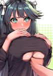  1girl alternate_costume bangs black_sweater blue_eyes blue_hair blush breast_grab breasts cleavage grabbing hair_ribbon highres huge_breasts isuzu_(kantai_collection) kantai_collection long_hair nose_blush open_mouth ribbon simple_background solo_focus sweat sweater takahashi_meishin twintails two-tone_background underboob_cutout upper_body 