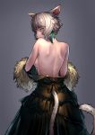  1girl absurdres animal_ears back bangs bare_back black_dress blue_eyes blush breasts cat_ears cat_girl cat_tail dark_skin dress dress_pull facial_mark feathers final_fantasy final_fantasy_xiv from_behind grey_background hair_feathers highres hyuu_(sing-dog) looking_at_viewer looking_back medium_breasts miqo&#039;te short_hair sideboob solo tail white_eyes white_hair y&#039;shtola_rhul 