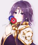  1boy 504723f ahoge androgynous bangs blue_flower cape circlet closed_mouth eyebrows_visible_through_hair eyes_visible_through_hair fire_emblem fire_emblem:_the_sacred_stones flower grey_background hair_between_eyes hair_tubes highres holding holding_flower long_hair long_sleeves lyon_(fire_emblem) purple_cape purple_eyes purple_hair red_flower shiny shiny_hair signature simple_background solo 