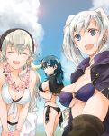  4girls bikini black_bikini black_hairband blue_eyes blue_hair blue_sky breasts byleth_(fire_emblem) byleth_(fire_emblem)_(female) cleavage closed_eyes cloud corrin_(fire_emblem) corrin_(fire_emblem)_(female) day fire_emblem fire_emblem:_three_houses fire_emblem_awakening fire_emblem_fates fire_emblem_heroes flower from_side gloves green_hair hair_flower hair_ornament hairband large_breasts long_hair looking_to_the_side medium_breasts multiple_girls o-ring o-ring_bikini open_mouth outdoors parted_lips pointy_ears rhea_(fire_emblem) robaco robin_(fire_emblem) robin_(fire_emblem)_(female) sky swimsuit twintails twitter_username white_hair wreath 