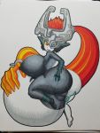  2017 3:4 belly big_belly big_breasts big_butt black_body breasts butt female genitals hair hand_on_stomach headgear hi_res humanoid imp looking_back midna nintendo nipples orange_hair overweight overweight_female pussy red_eyes solo the_legend_of_zelda traditional_media_(artwork) twili twilight_princess unknown_artist video_games white_belly yellow_sclera 