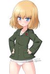  1girl artist_name blonde_hair blue_eyes blush breasts cameltoe closed_mouth collarbone dated eyebrows_visible_through_hair girls_und_panzer groin hands_on_hips highres katyusha_(girls_und_panzer) kuzuryuu_kennosuke looking_at_viewer military military_uniform pravda_military_uniform shiny shiny_hair short_hair simple_background small_breasts solo sweat swimsuit swimsuit_under_clothes swimwear uniform wavy_mouth white_background white_swimsuit 