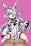  1girl absurdres animal_ears bandage_over_one_eye bandages blue_eyes bunny_ears cowgirl_position ear_tag gloves highres little_witch_nobeta long_hair monica_(little_witch_nobeta) open_mouth sharp_teeth silver_hair smile straddling teeth white_tabard yukigumo() 