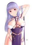  1girl absurdres artist_name azur_lane breasts dido_(anxious_bisque_doll)_(azur_lane) dido_(azur_lane) dress dress_straps hairband hand_in_hair highres kep_(ahokep) large_breasts long_hair looking_at_viewer purple_dress purple_eyes purple_hair solo thigh_strap thighs white_background 