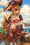 1girl animal artist_name bangs bird blonde_hair blue_eyes boots breasts brown_footwear brown_headwear cleavage coin commentary crossed_legs day dragalia_lost english_commentary eyebrows_visible_through_hair eyepatch hair_between_eyes hair_ribbon hand_up hat heart heart_eyepatch hentaki highres karina_(dragalia_lost) knee_boots long_hair medium_breasts one_side_up open_clothes open_shirt outdoors parrot parted_lips pirate_hat red_ribbon red_skirt ribbon ship shirt short_sleeves skirt skull smile treasure_chest very_long_hair watercraft watermark web_address white_shirt 