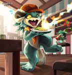  blitzdrachin cafe chibi clothing conditional_dnp crocodile crocodilian crocodylid croissants detailed_background dragon fire flower hat headgear headwear horn kemono keranas plant reptile scalie 