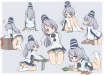  1girl accidental_exposure arms_behind_back ass black_skirt blue_eyes from_behind game_boy grey_background grey_hair handheld_game_console hat highres japanese_clothes kariginu kneeling knees_to_chest knees_up leaning_forward legs long_hair lying miniskirt mononobe_no_futo on_stomach open_mouth panties playing_games ponytail simple_background sitting skirt smile socks solo squatting table tate_eboshi thighs touhou turnip_kabura underwear white_footwear white_panties 