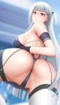  1girl arched_back arm_strap ass azur_lane back bangs black_dress blue_eyes blue_sky blurry blurry_background blush breasts dress ginhaha highres large_breasts long_hair looking_at_viewer looking_back one_side_up open_mouth revealing_clothes short_dress shoukaku_(azur_lane) shoukaku_(sororal_wings)_(azur_lane) silver_hair sky thighhighs thighs white_legwear 
