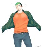  1boy alternate_costume bara black_hair blush breath casual chest facial_hair goatee green_eyes green_hair jacket jacket_on_shoulders looking_at_viewer male_focus multicolored_hair smile solo taurus_mask tokyo_houkago_summoners unplugged_line upper_body 
