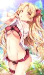  1girl bangs bikini blonde_hair blurry blurry_foreground blush bow bow_bikini breasts cleavage commentary_request crossed_arms day depth_of_field ereshkigal_(fate/grand_order) eyebrows_visible_through_hair fate/grand_order fate_(series) frilled_bikini frills hair_bow highres lifted_by_self long_hair looking_at_viewer medium_breasts nail_polish outdoors palm_tree parted_bangs parted_lips plaid plaid_bikini plaid_bow red_bikini red_bow red_eyes red_nails sakura_tsubame shirt shirt_lift short_sleeves solo swimsuit tree two_side_up undressing very_long_hair white_shirt 