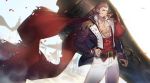  1boy abs banner bara belt blue_eyes blurry blurry_background brown_hair cannon cape chest collar desert epaulettes facial_hair fate/grand_order fate_(series) fringe_trim goatee hand_on_hip huge_weapon jacket light long_sleeves looking_to_the_side male_focus military military_uniform muscle napoleon_bonaparte_(fate/grand_order) open_clothes open_jacket open_shirt pants pectorals petals rose_petals sand scar sideburns smile snakeping solo tight torn_cape torn_clothes unbuttoned uniform weapon white_pants 