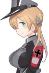  1girl ahenn aqua_eyes blonde_hair breasts from_side hair_between_eyes hat kantai_collection large_breasts long_hair long_sleeves military military_hat military_uniform peaked_cap prinz_eugen_(kantai_collection) simple_background smile solo uniform upper_body white_background 